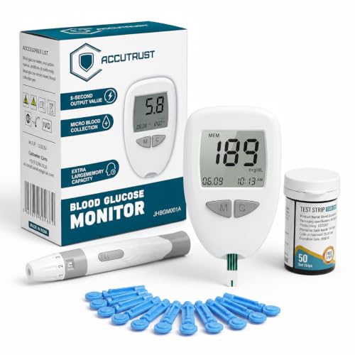 Image of Blood Glucose Monitor Kit with 50 Test Strips & Lancets | Diabetes Sugar Testing Machine | Fast & Accurate Digital Glucometer for Home Use
