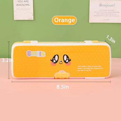 Image of Double Layer Pencil Case, Plastic Pencil Boxes with Pencil Sharpener, Cute Pen Box Organizer for Pencils, Erasers, Paper Clips, School Supplies, Best Birthday Gifts for Kids Teens(Orange)