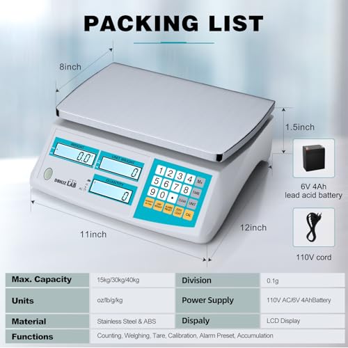 Image of Counting Scale 15kg /33lb x 0.1g for Small Parts, Coins, Pieces, Tickets | (lb /oz /g /kg), Industrial, High Precision, Dual Power Supply, with Battery