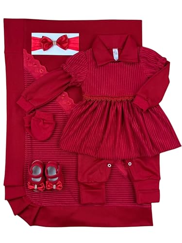 Conjunto Saída Maternidade Luxo Vermelho, Vestido com Poás, Faixa de Cabelo com Laço, Sapatinho, 6 Peças