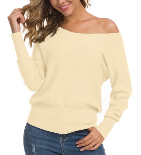 Feiersi Women's Off Shoulder Sweater Long Sleeve Loose Pullover Knit Jumper (Beige,Medium)