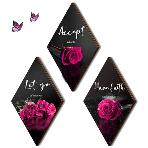 3 Pcs Pink Wall Decor Pink Rose Bathroom Decor Farmhouse Bedroom decor Inspirational Wood Office Wall Art with Accept Let Go Have Faith Sign for Girl Women Living Room Bedroom(12x7 Inch)