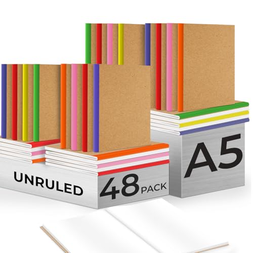 Rosmonde 48 Pack Kraft Notebooks Softcover A5 Blank Journals No-Bleed 120 Pages (60 Sheets) Bulk Blank Sketch Books for Drawing 8 x 5.7 Unlined Travel Journals Bulk Blank Page Journals