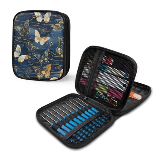Image of Crochet Hook Case Vintage Butterfly Crochet Hook Holder Portable Crochet Hook Storage Bag with Web Pockets Suitable for Crochet Needles /Knitting Accessories
