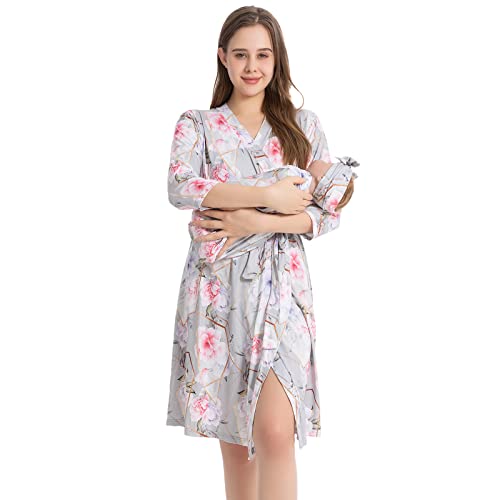 Image of Galabloomer Maternity Robe and Baby Receiving Blanket, Matching Mommy Labor Delivery Robe and Swaddle Set Gold Gray flower