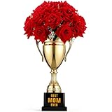 Whimsibelle Mother's Day Trophy with Artificial Flower, 12' Best Mom Ever Trophy Vase with Red Rose Bouquet Floral Bunches for Women Moms Mommy Mum Mother's Day Birthday Gifts Home Decorations
