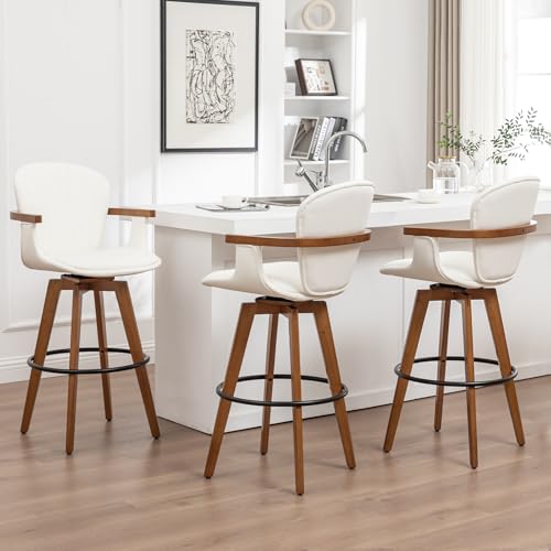 Image of LUNLING 30 inch Bar Height Stools Set of 3.Mid Century Modern Bar Stools,White PU Leather Kitchen Island Stools,Wood High Barstools Swivel with Back and Arms for Home Bar Furniture