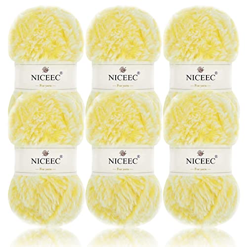 Image of NICEEC Faux Fur Yarn Super Soft, Chunky & Fluffy, Eyelash Yarn for Crochet & Knitting(Total Length 210yds /10.6oz) - Yellow /300g