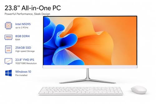 Image of 23.8 inch All-in-One Desktop Computer, 1080P IPS Full HD Business AIO PC, Intel Celeron N5095, 8GB RAM + 128GB SSD, Windows 10, Dual Band WiFi, HDMI, for Home Office & School Use
