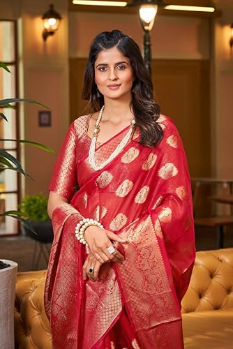 Image of SWORNOF Women's kanjivaram banarasi silk saree Zari Woven for festival Wedding silk with rich pallu Design sarees for women with Unstitched blouse piece (RED)