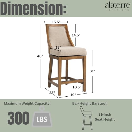 Image of Ellie Bar Height Swivel Stool with Back - 46 inch Tall Barstool with Upholstered Seat, Solid Rubberwood Frame, Steel Memory Return, Metal Kick Plate and Footrest - for Kitchen Island or Home Bar (Brown)