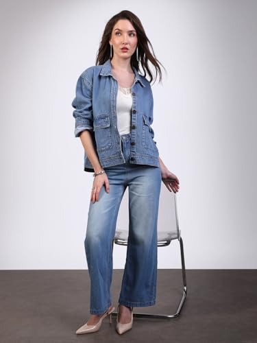 Image of Urbano Fashion Women's Relaxed Fit Full Sleeve Utility Denim Jacket