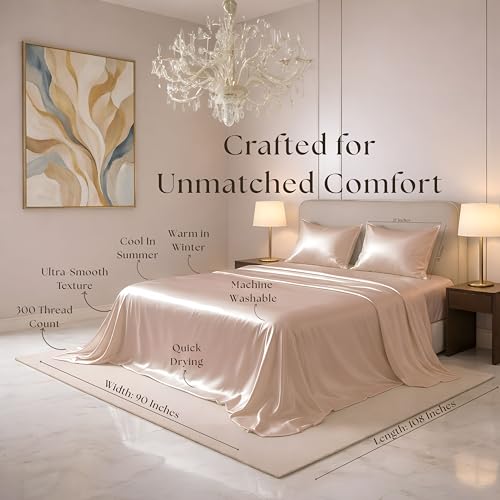 Image of Luxe Ere Satin Bedsheet King Size (90x108) | 300 TC Ultra Smooth Silky Soft Luxury Satin Bed Sheet with 2 Pillow Covers | Premium Satin Bedsheets for Double Bed- Golden Mirage