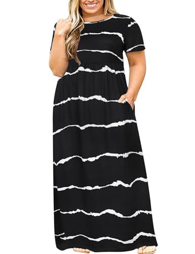 Image of Kancystore Women's Plus Size Maxi Dress with Pockets Summer Dresses XL-5X | Plus Size High Waisted Long Length Beach Dress, Empire Waist Round Neck Casual Dress, Solid Striped Floral Tie Dye Colors