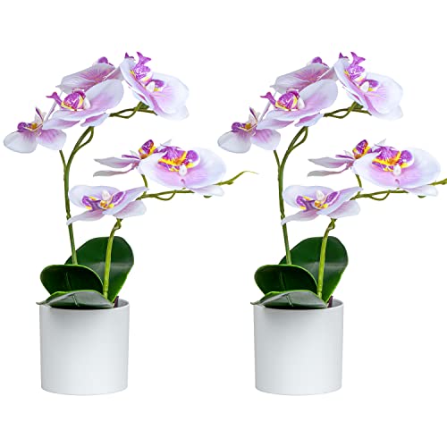 XONOR Artificial Orchid Flowers, 2 Pieces Potted Fake Orchids with Plastic Vase for Table Centerpiece Home Decor Office Wedding Party Decoration