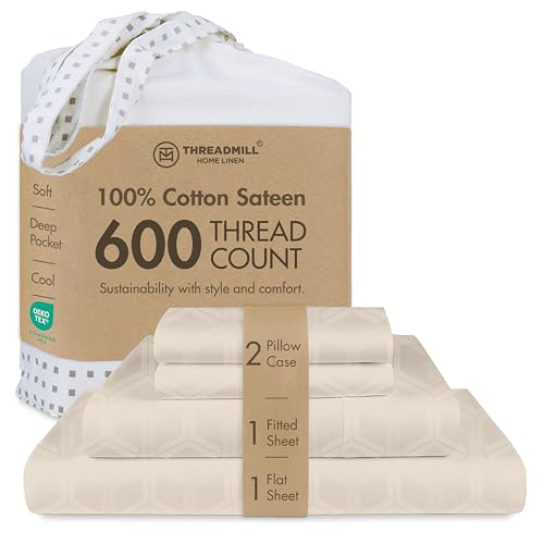 Image of Threadmill 100% Cotton Sheets for Full Size Bed - 600 Thread Count Full Bed Sheets Set with 16 inch Deep Pocket - Jacquard Sateen Weave 4-Piece Bedding Set with Cooling Effect, Beige