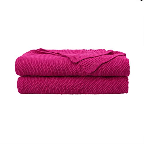 PiccoCasa 100% Cotton Knit Throw Blanket,Solid Lightweight Decorative Throws and Blankets,Soft Knitted Throw Blanket for Sofa Couch, Fuchsia 50 x 60