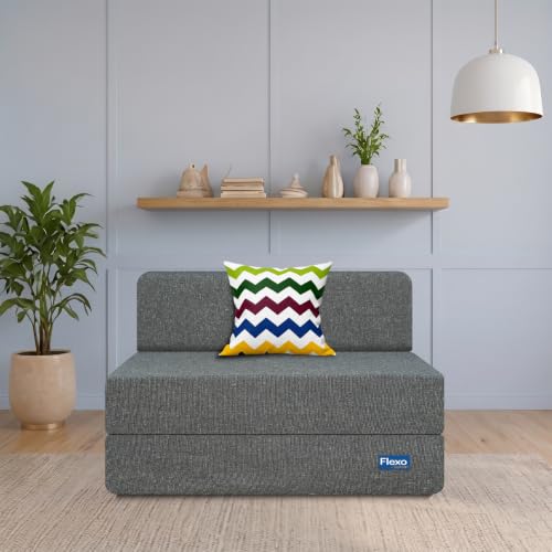 Image of Starlon 1 Seater Foldable Sofa Cum Bed 3-in-1 with 1 Waves Pattern Pillow, Washable Jute Fabric Cover, Space Saving Guest Bed, Pre-Assembled Ash Gray 3x6 Ft