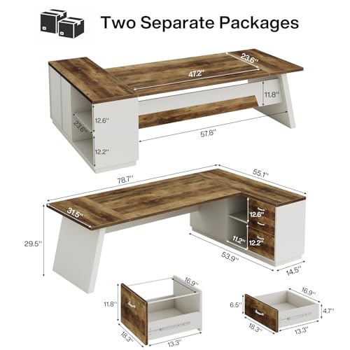 Image of Tribesigns 78 inch L-Shaped Executive Desk, Large Modern Office Desk with Drawers and Lateral File Cabinet, Business Furniture with Storage Shelves, Big Computer Desk for Home Office (Brown + White)