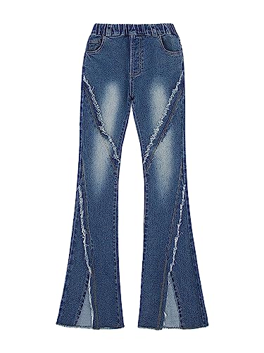 Hularka Kids Girls Vintage Raw Hem Bell Bottom Jeans Casual Ribbed Flare Jeans Denim Pants Denim Trousers with Pocket2