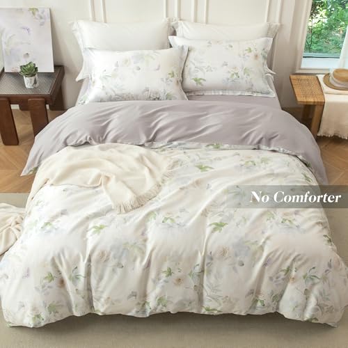 MILDLY Cal King Size Duvet Cover Set 100% Long-Staple Cotton Luxury White Floral Patten Reversible Comforter Cover Set 3Pcs