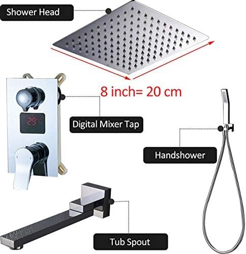 3-funkcyjne baterie prysznicowe z wyświetlaczem cyfrowym, deszczownica, ultracienka głowica prysznicowa, bateria ścienna z mieszaczem, wanna, prysznic, 8 Inch Full Set
