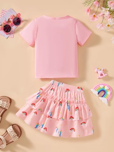 Image of Little Girls Skirt Set - 2 Piece Short Sleeve Top Shirred Tiered Skirt Outfit Girls Spring Summer Clothes 3-8 Years