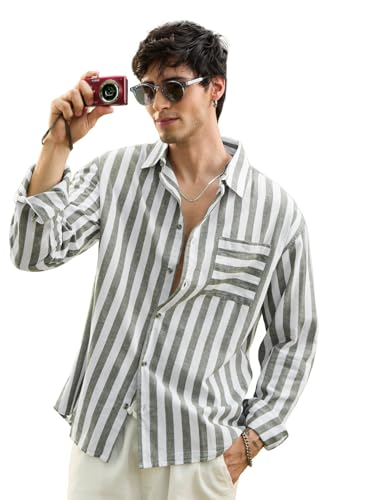 Image of The Souled Store Cotton Linen Stripes: Ashen Men and Boys Long Sleeve Spread Collar Button Front Green Striped Regular Fit Easy to Dress Officewear Casual Cotton Linen Shirts
