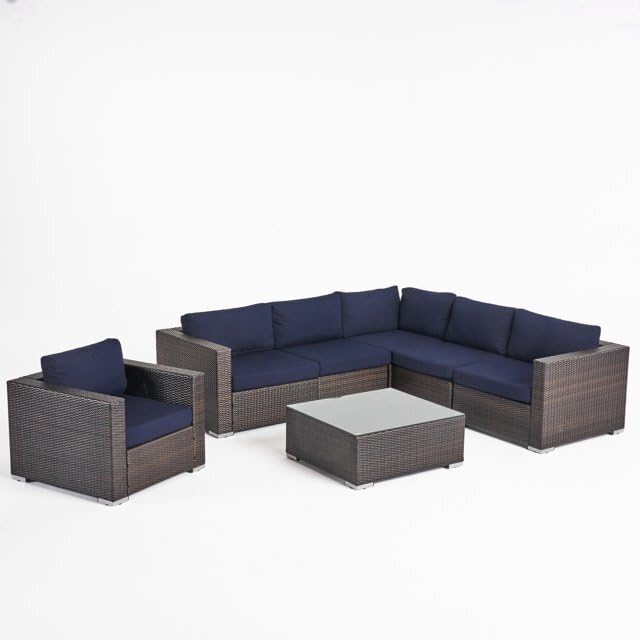 Image of DEVOKO HDPE Wicker Rattan 4-Piece Outdoor L-Shape Sectional Sofa Set with Chair and Glass Top Center Table for Patio, Garden, Deck, Lawn, Backyard, Terrace (Dark Brown & Navy Blue)