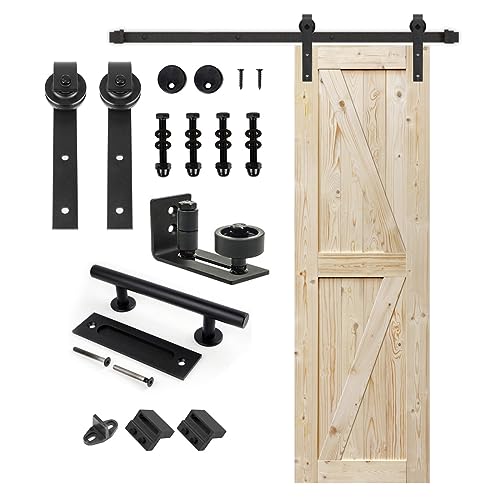 Image of S&Z TOPHAND 26in x 84in Unfinished British Brace Knotty Barn Door with Sliding Door Hardware Kit /Solid Wood /Sliding /Double Surfaces /A Simple Assembly is Required