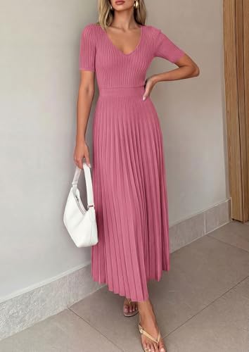 Image of PRETTYGARDEN Women's 2026 Spring Midi Sweater Dresses Elegant Pleated Ribbed Knit Short Sleeve V Neck A Line Summer Outfits