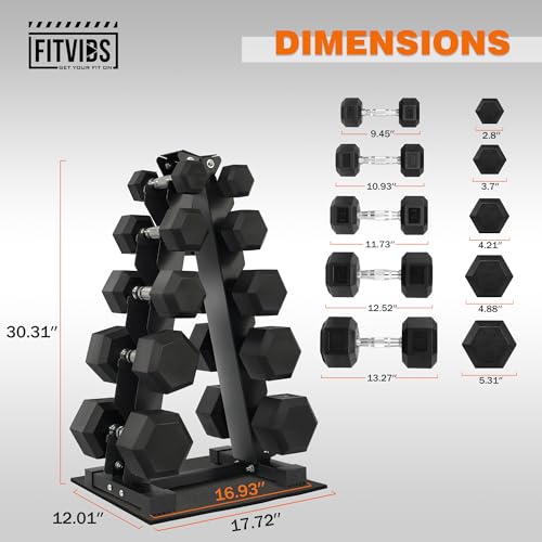 Fitvids Fitvids Rubber Coated Hex Dumbbell Weight Set and Storage Rack, 100LB Set or 150LB Set, 5-20 lbs Pairs or 5-25 lbs Pairs - Image 4
