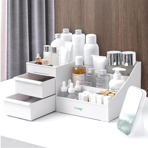Clazkit Plastic Versatile Cosmetic Organizer Box With Drawers And Vanity Brush Holder Makeup Storage For Women Lipsticks, Skincare, Brushes, Eyeshadows, Lotions, Nail Polish, Stationery, White (B0CM6ST764) Amazon Price History, Amazon Price Tracker