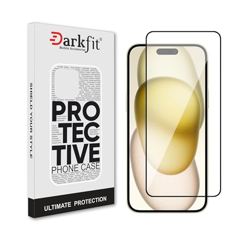 Image of DARKFIT Tempered Glass Premium Screen Protector Compatible for iPhone 15 | Edge to Edge Coverage with Easy Installation Kit | Scratch Resistance | HD Clear Glass (Black Border) | Pack of