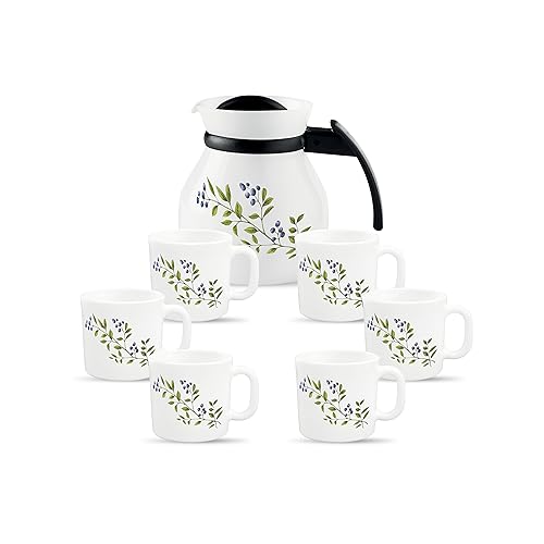 Image of La Opala Novo Collection Opal Glass Crockery | Coffee Set 7 pcs | Coffee Mug with Coffee Pot, Lush Greens | for Tea & Coffee | Microwave Safe | 100% Vegetarian | Extra Strong | Light & White