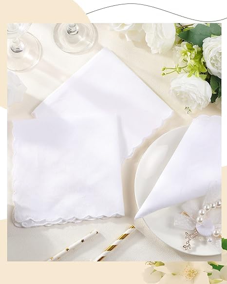 Bulk Pack Handkerchiefs Cotton Scalloped Hankies Pocket Square Towel White 11 Inches4