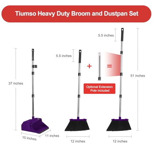 Image of Tiumso Broom with Dustpan Combo Set, Broom and Dustpan Set with 51'' Long Handle, Dust Pan and Brooms, ZeroGap Lip, Self-Cleaning Dustpans Teeth for Lobby Kitchen Restaurant - Purple