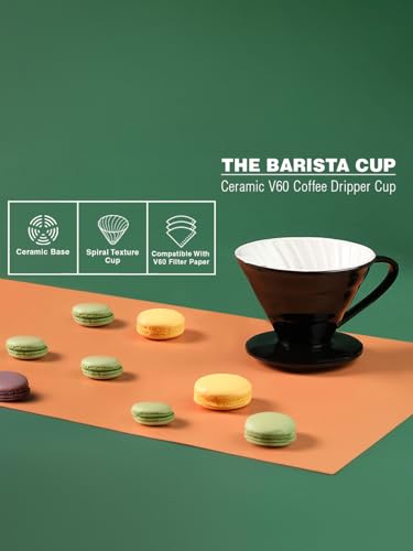 Image of inchTHE BARISTA CUP inch Ceramic V60 Coffee Dripper Cup | Size 02 (3-4 Cups) | Pour Over Drip Coffee Maker | Funnel Cut Use With Conical Filter Papers | Slow Manual Brew | Strong Smooth Flavour (Black)