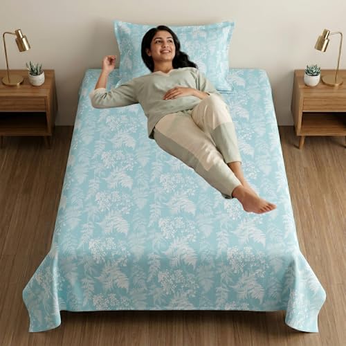 Image of Mafatlal 186 TC Metro Cotton Single Bedsheet | 90 x 60 Inch|Soft, Breathable & Lightweight | with Matching Pillow Cover| Teal Shadow