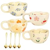 4 Stück Blume Tasse mit Löffel, 250ml Kaffeetassen Set, Kawaii Kaffeetasse, Keramik Tasse, Ästhetische Tassen Handmade, Espressotasse für Milch Kaffee Geburtstagsgeschenk für Mädchen Frauen