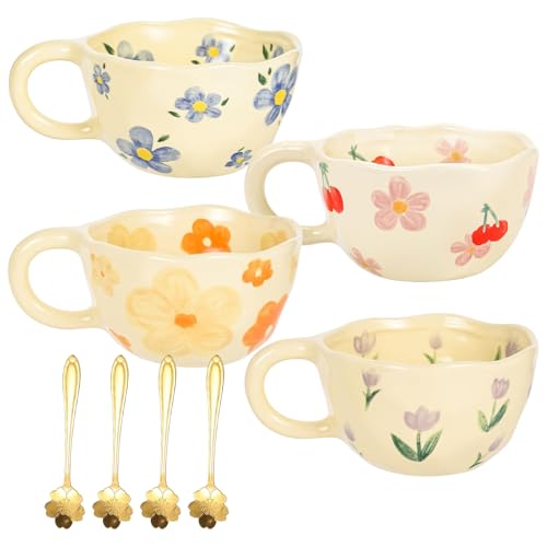 4 Pièces Tasse en Céramique avec Cuiller, 250 ml Tasses à Café en Céramique, Tasses à Café Créative Faite à la Main, Tasse à Fleurs avec Cuillère Cadeau d'Anniversaire pour Café au Lait Filles Femmes