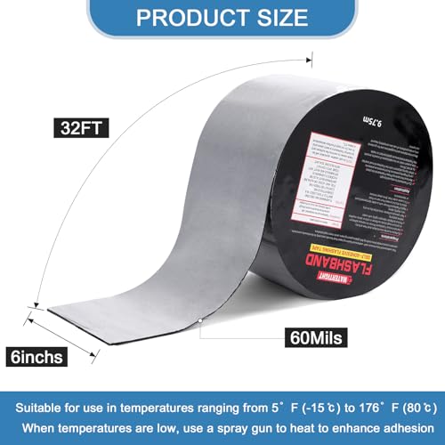 Image of Flashing Roll Tape Asphalt Membrane, 6 inches X 32 Feet 60Mil Thick Waterproof Asphalt Patch Seal Tape Roll, Self-Adhesive Roof Sealant, Asphalt Repair for Door Roof Window Gutter Outdoor （2 Rolls)