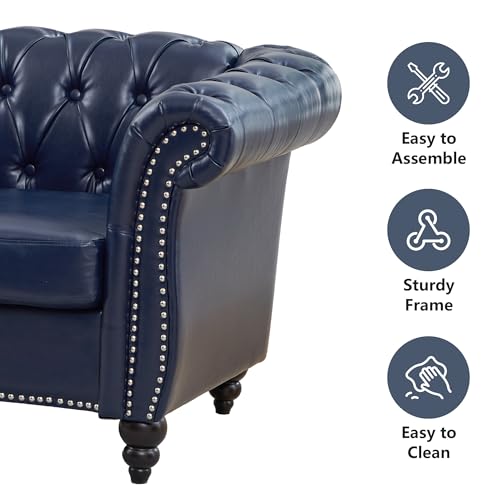 Image of QHITTY Accent Large Sofa, Chesterfield Couch 3 Seater Modern Leather Couch Upholstered Sofa with Tufted Back for Living Room Furniture (Blue)