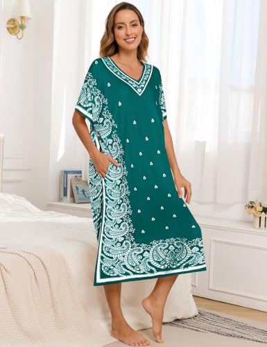 Image of Bloggerlove Women's Caftan Nightgown with Pockets, Long House Dress | Half Sleeve, Kaftan, Mumu Dress, Sleepwear, V-Neck, Full Length, Lounge Dress, 2 Side Pockets