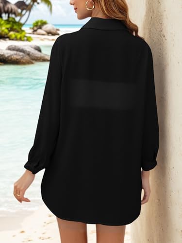 2025 Fall Women's Button Down Shirt Casual Beach V Neck Shirt Long Sleeve Tie Knot Tops Sun Protection Coat3