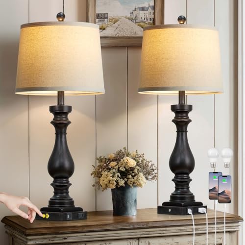 luxeflow 29" Tall Vintage Table Lamps Set of 2,Black Farmhouse Bedside Lamps with USB C+A Ports & AC Outlet,3-Way Dimmable Touch Lamp for Night Stands Living Room Bedroom,Black