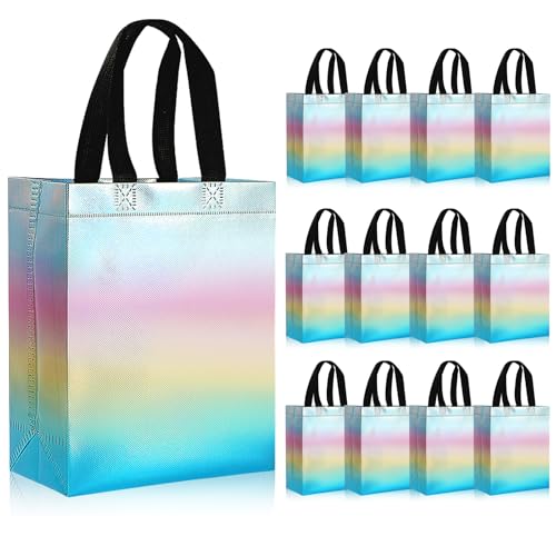 PHOGARY 12pcs Bolsas de Regalo con Asa, Bolsa de Compras Reutilizable de Tela no Tejida, Bolsas con Degradado de Color Mediana‌ para Cumpleaños, Bodas, Compras, 20 x 26 x 10 cm