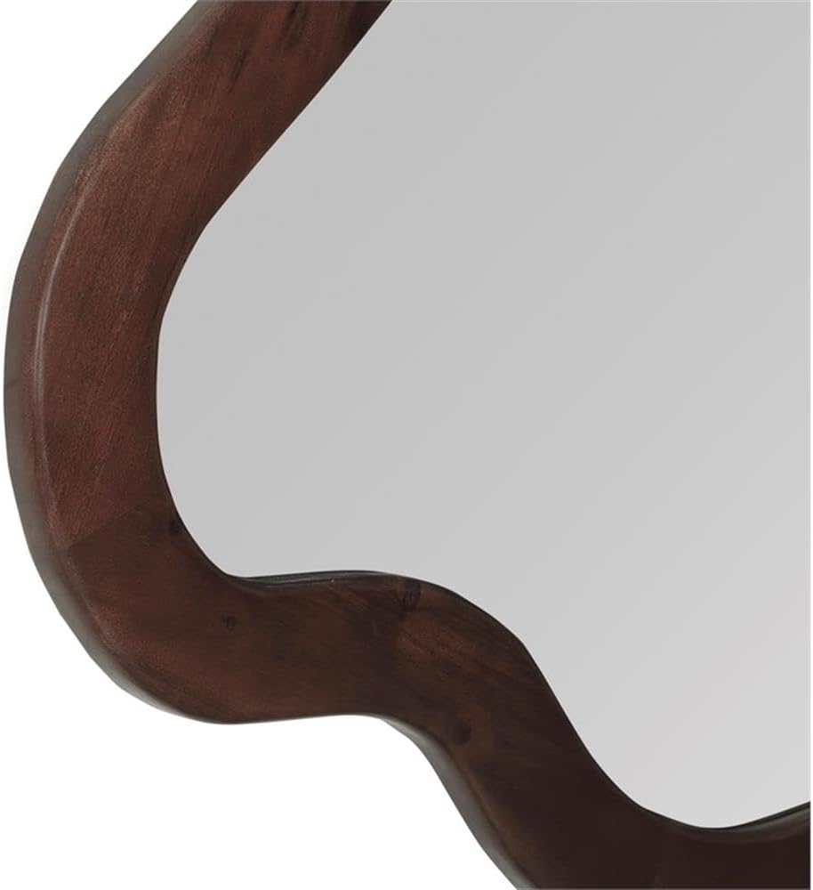 Pemberly Row Contemporary Mirror, 28" W x 2.5" D x 38" H, Solid Acacia Wood Frame, Rich Brown Finish, Curved Shape, Modern Accent for Living Room or Bedroom Wall Decor