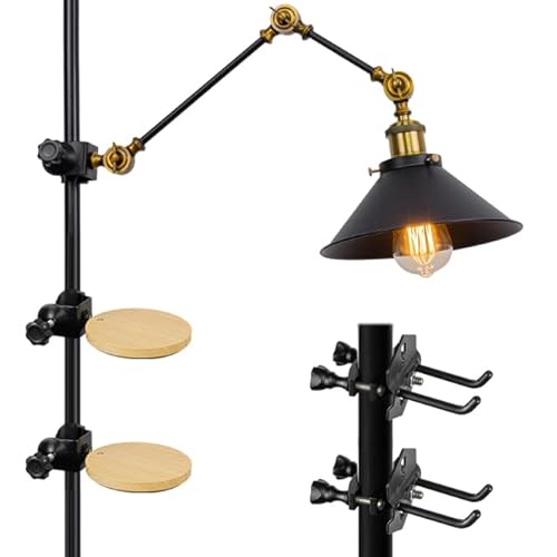 Yequandec Clamp Mount Type 9.8ft Plug Cord Adjustable Arm Metal Light, 2X Wood Storage Tray, 2X 1.97 Hook Bracket Tool-Free Installation for Home Lighting Space-Saving Storage