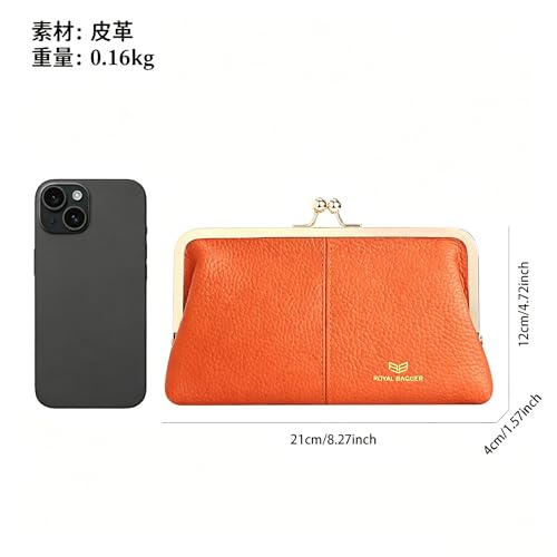 Image of Royal Bagger RFID Kiss Lock Wallet, Solid Color Multi-card Slots Card Holder, Genuine Cow Leather Clutch Purses for Women 1468 (Red)